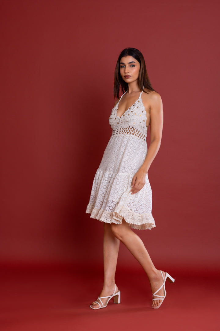 Off-White V-neck Crochet Dress by Label Reyya - view 5