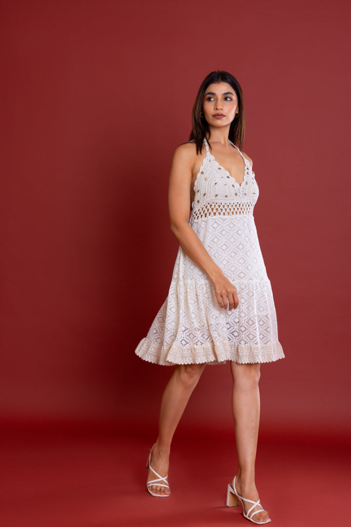 Off-White V-neck Crochet Dress by Label Reyya - view 4