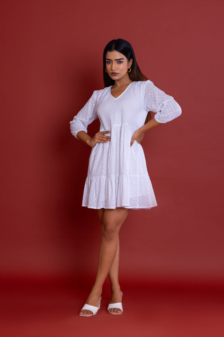 Off-white Schiffli V-neck Dress — Off White