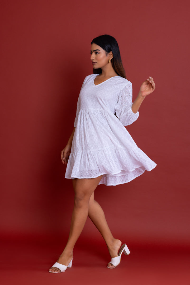 Off-white Schiffli V-neck Dress by Label Reyya - view 5