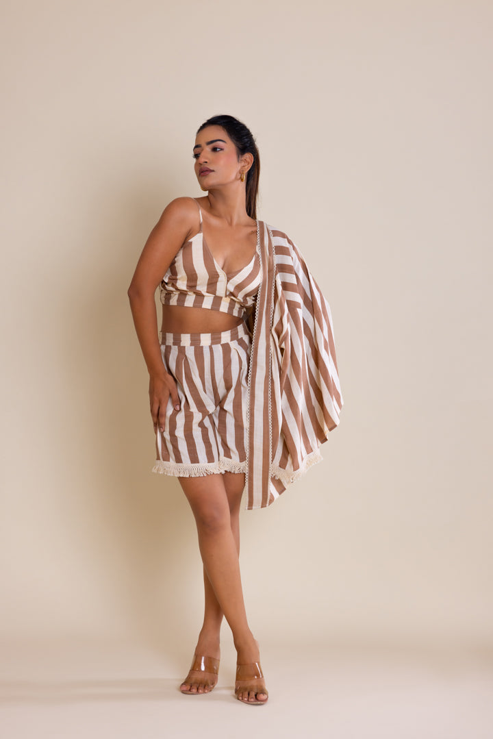 Brown Striped Short Cotton Co-ord Set by Label Reyya - view 5