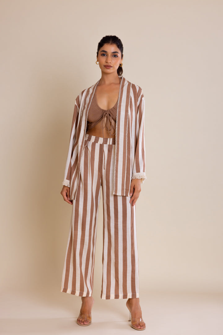 Brown Striped Cotton Co-ord Set by Label Reyya - view 3