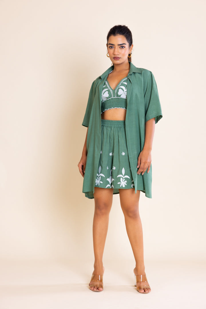 Green And White Embroidered Boho Co-ord Set