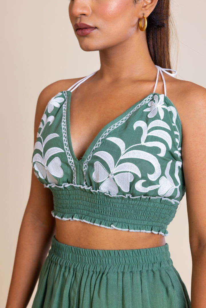 Green And White Embroidered Boho Co-ord Set