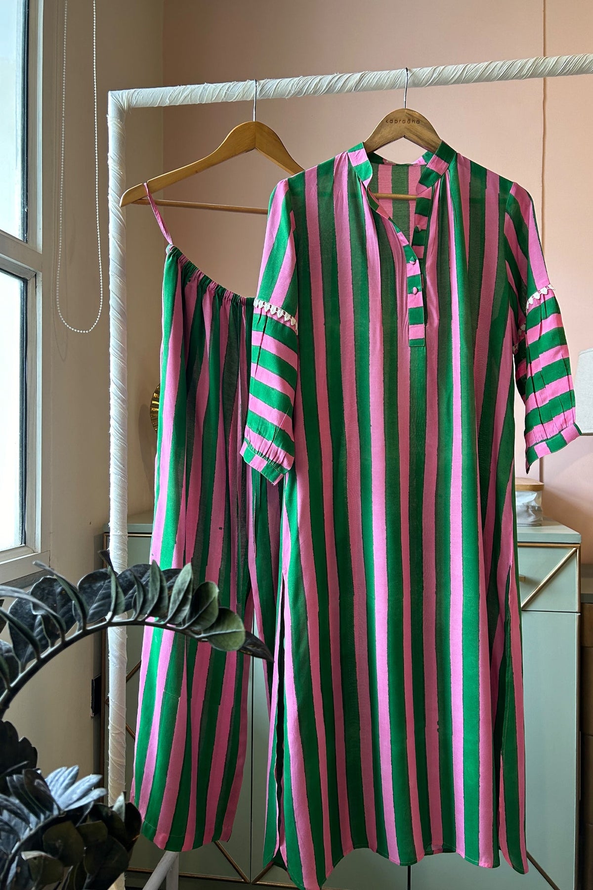 Dark Green and Fuchsia Striped Tunic Set (Set of 2)