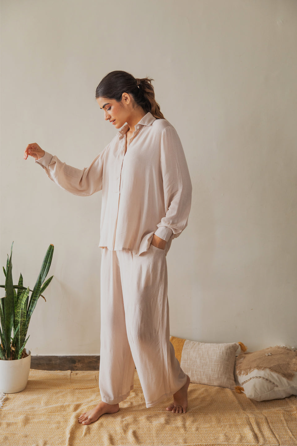 Beige Solid Co-ord Set (Set of Two) by Kapraaha - view 9