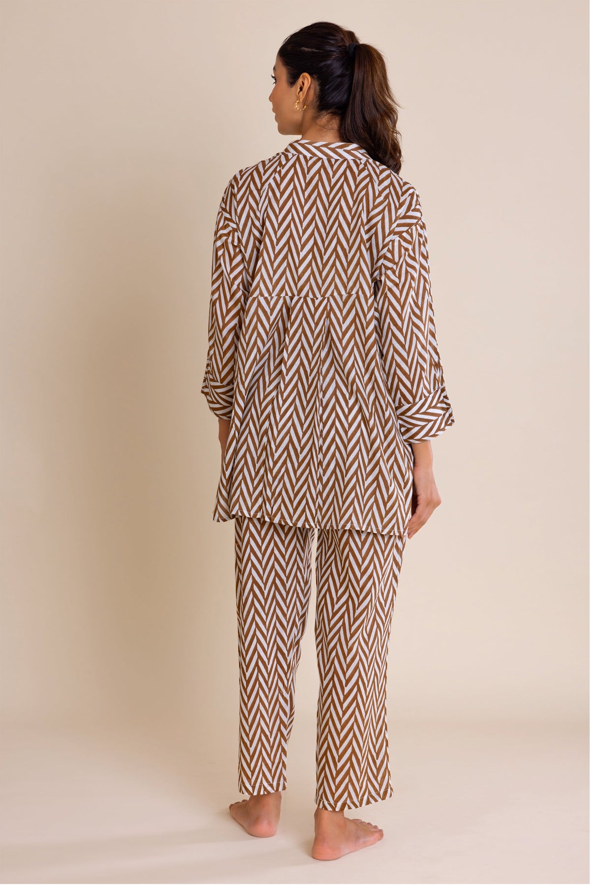 Brown Chevron Cotton Co-ord Set (Set of Two) by Kapraaha - view 13