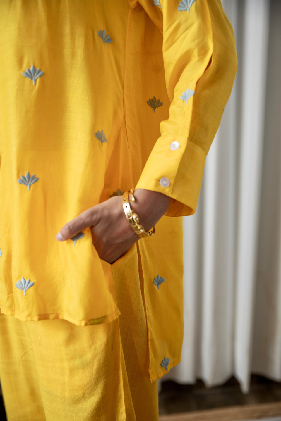 Yellow Embroidered Co-ord Set (Set of Two) by Kapraaha - view 13