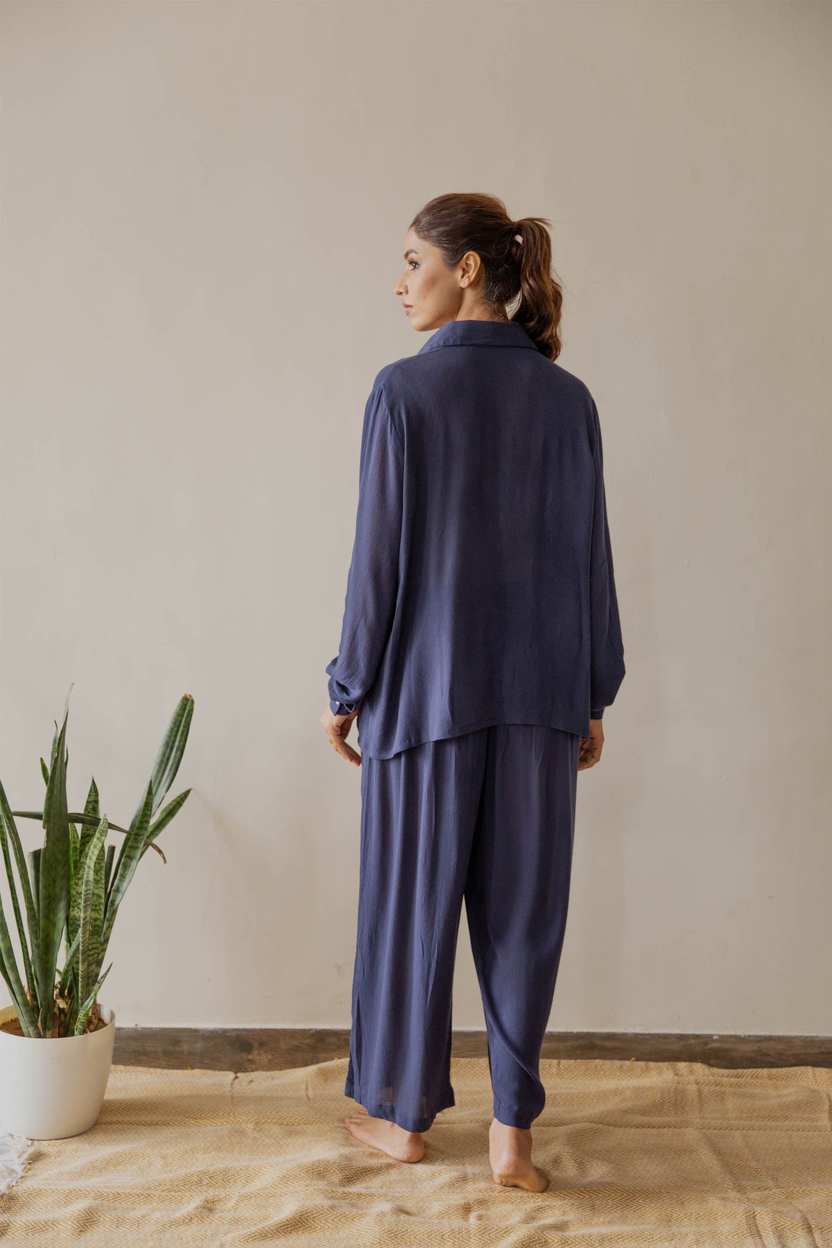 Navy Solid Co-ord Set (Set of Two) by Kapraaha - view 7