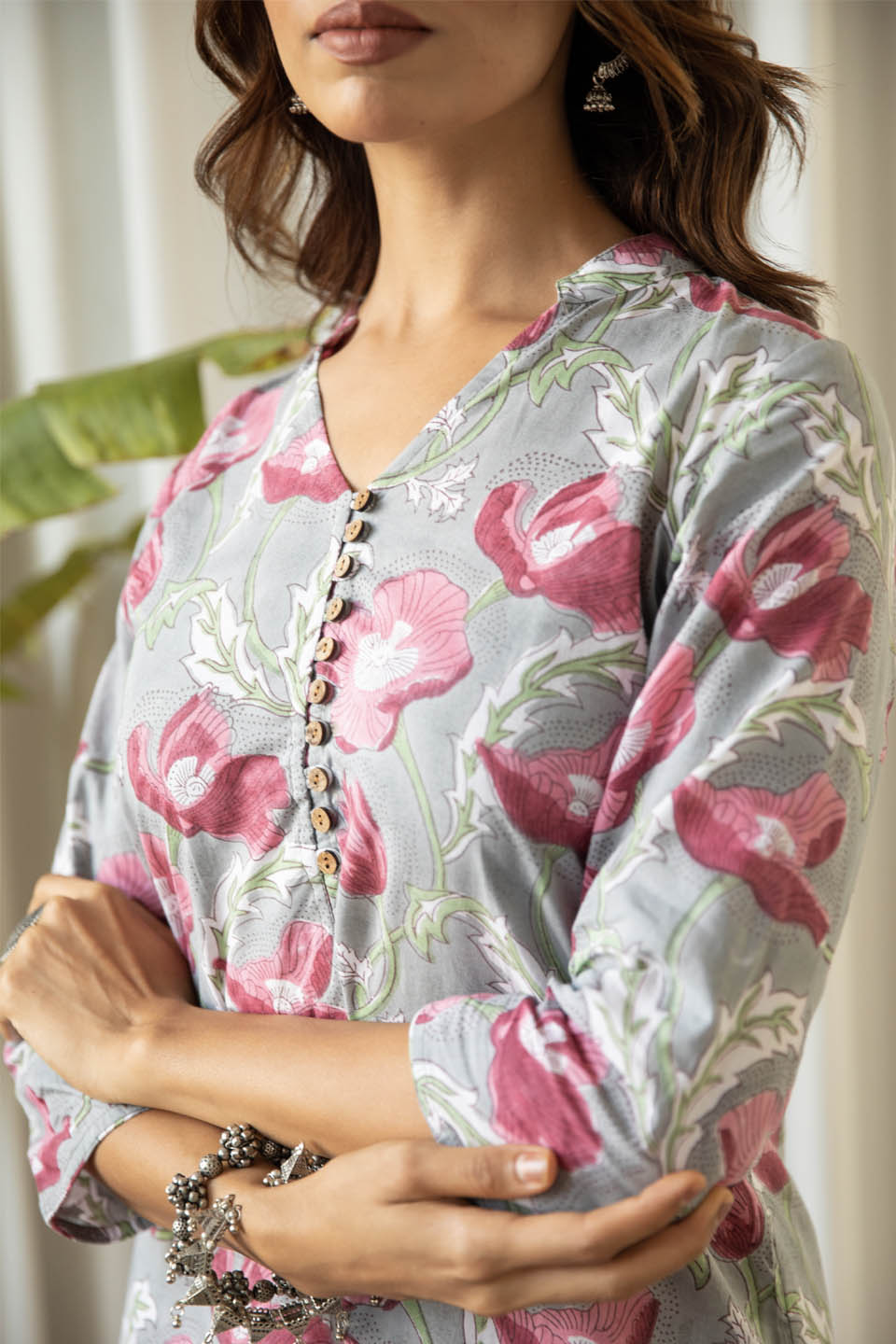 Grey and Fuchsia Floral Tunic Set (Set of Two) by Kapraaha - view 5