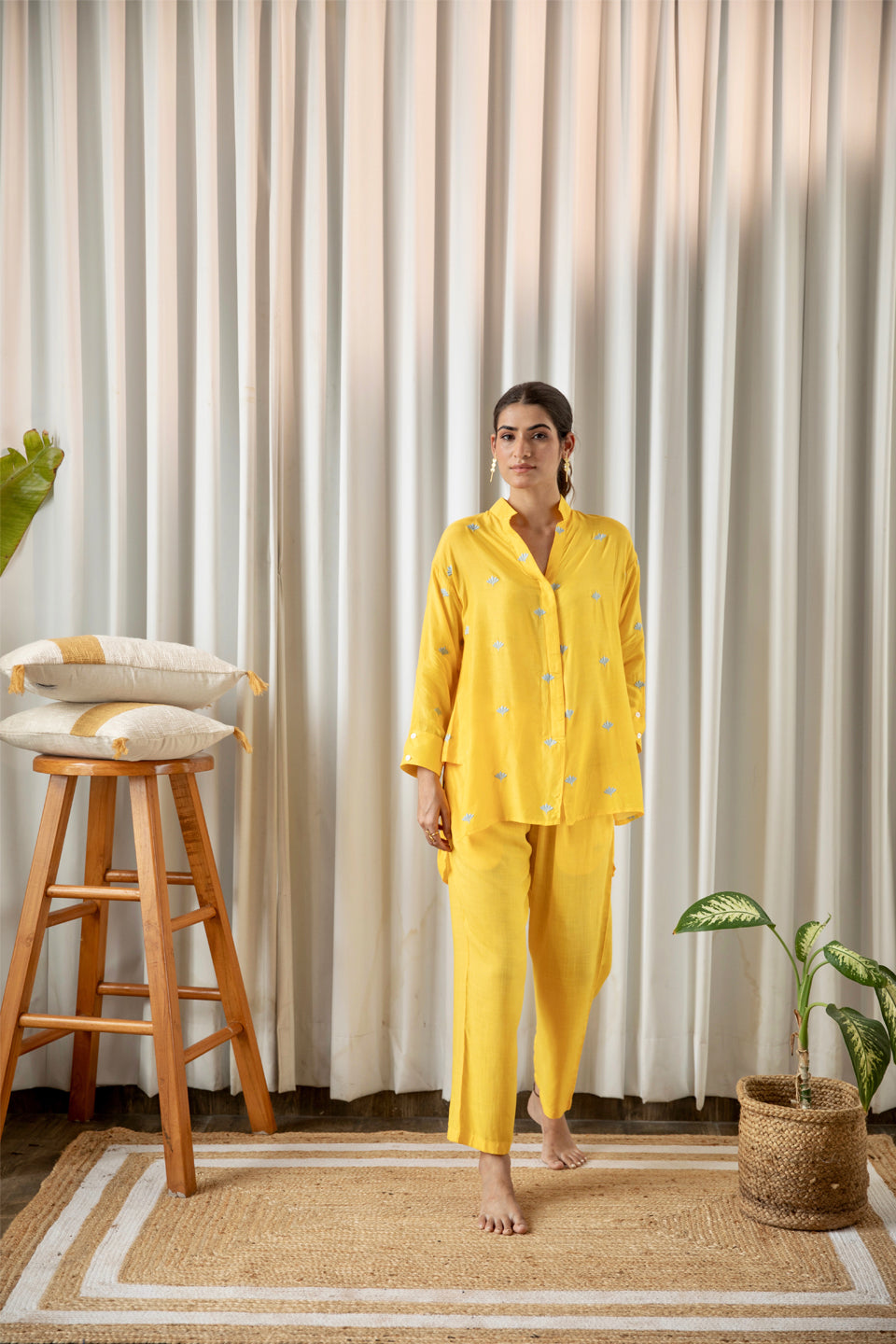 Yellow Embroidered Co-ord Set (Set of Two) by Kapraaha - view 3