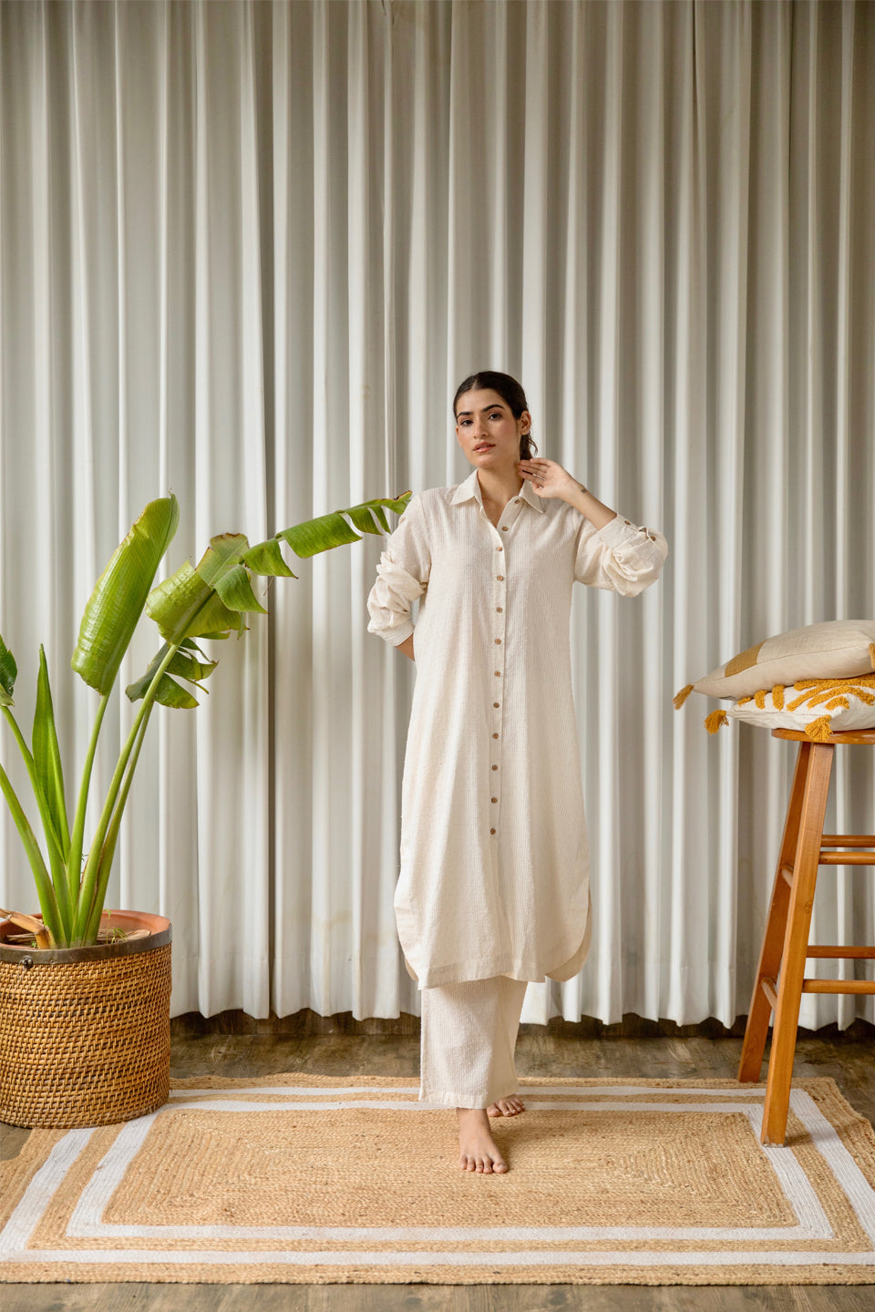 Off-White Cotton Weaved Co-ord Set (Set of Two) by Kapraaha - view 4