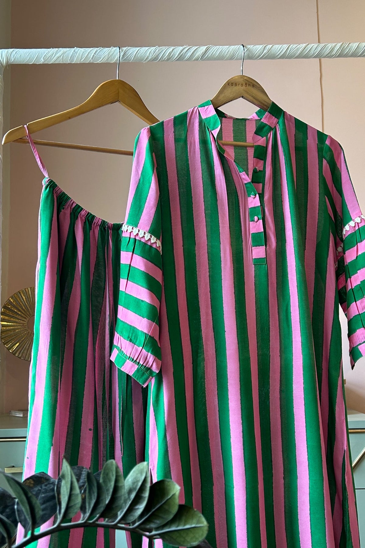 Dark Green and Fuchsia Striped Tunic Set (Set of 2)