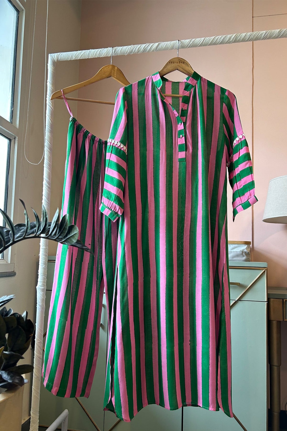 Dark Green and Fuchsia Striped Tunic Set (Set of Two) by Kapraaha - view 3