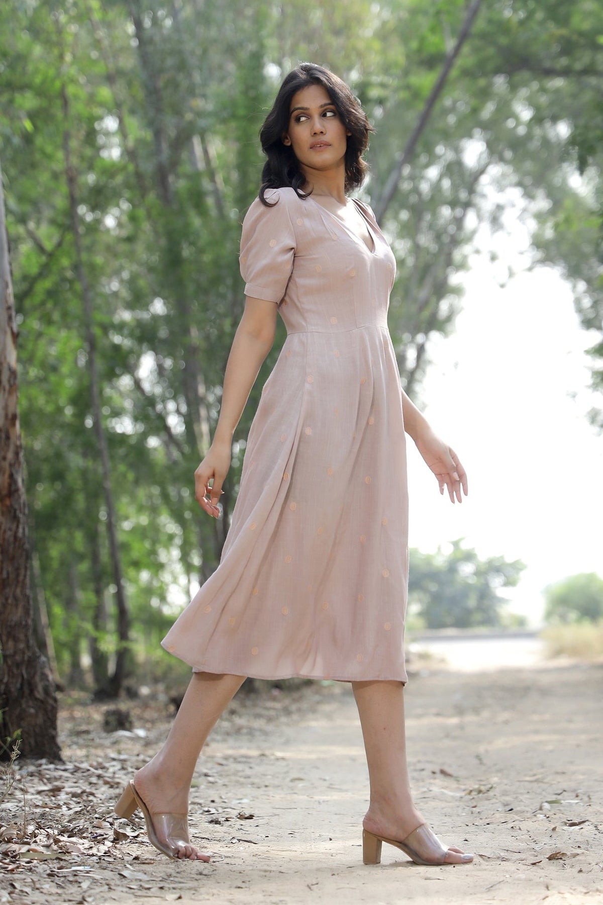Beige Polka Dot Dress by Kapraaha - view 6