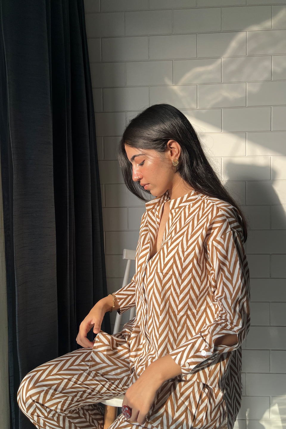 Brown Chevron Cotton Co-ord Set (Set of Two) by Kapraaha - view 4