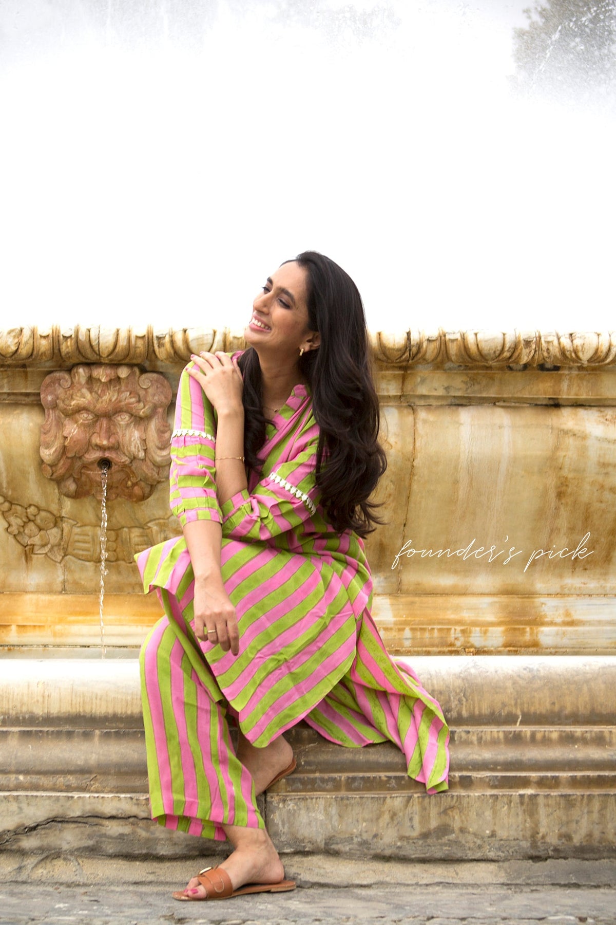 Light Green and Pink Striped Tunic Set (Set of Two) by Kapraaha - view 3