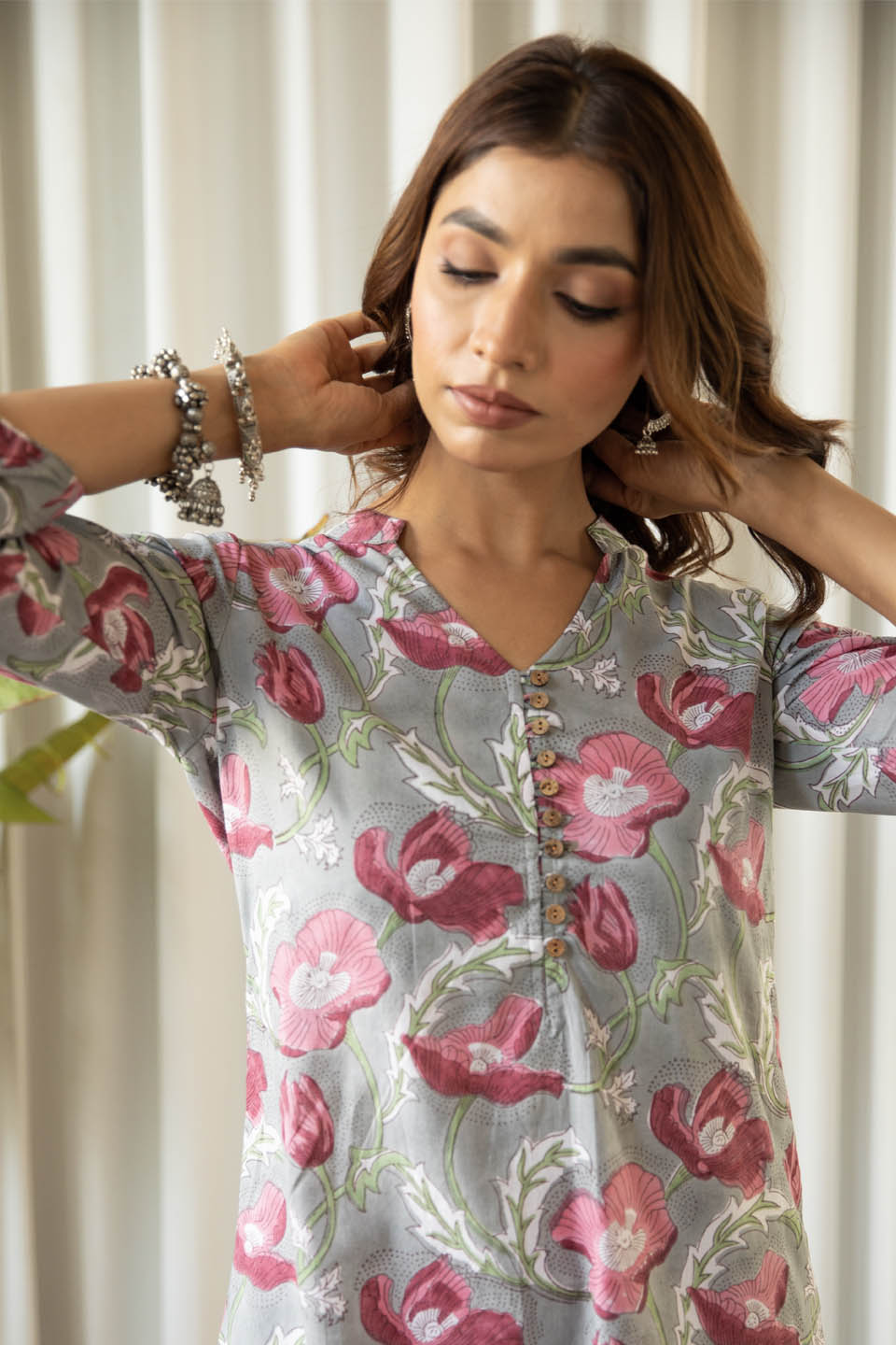 Grey and Fuchsia Floral Tunic Set (Set of Two) by Kapraaha - view 6