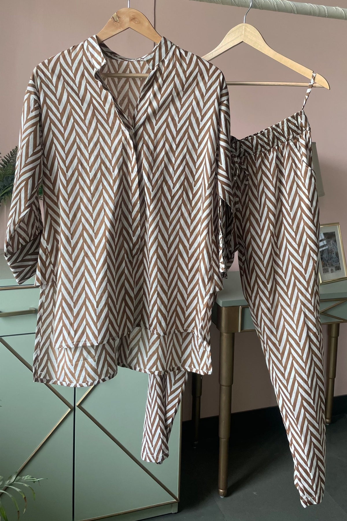 Brown Chevron Cotton Co-ord Set (Set of Two) by Kapraaha - view 6