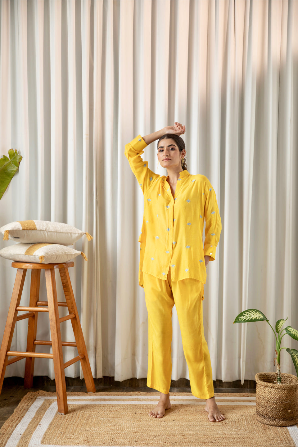 Yellow Embroidered Co-ord Set (Set of Two) by Kapraaha - view 11