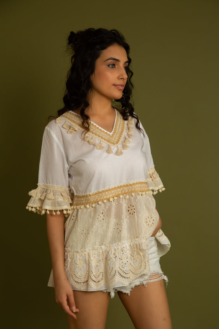 The Barcelona Beige Schiffli Top — White