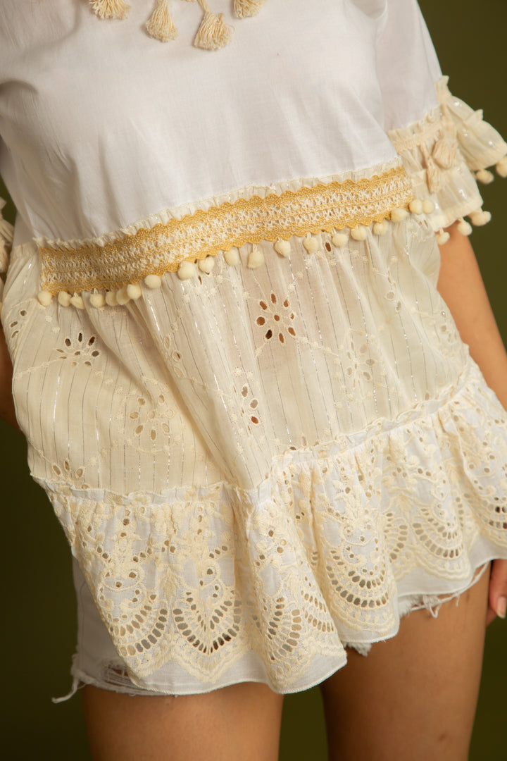 The Barcelona Beige Schiffli Top by Label Reyya - view 4
