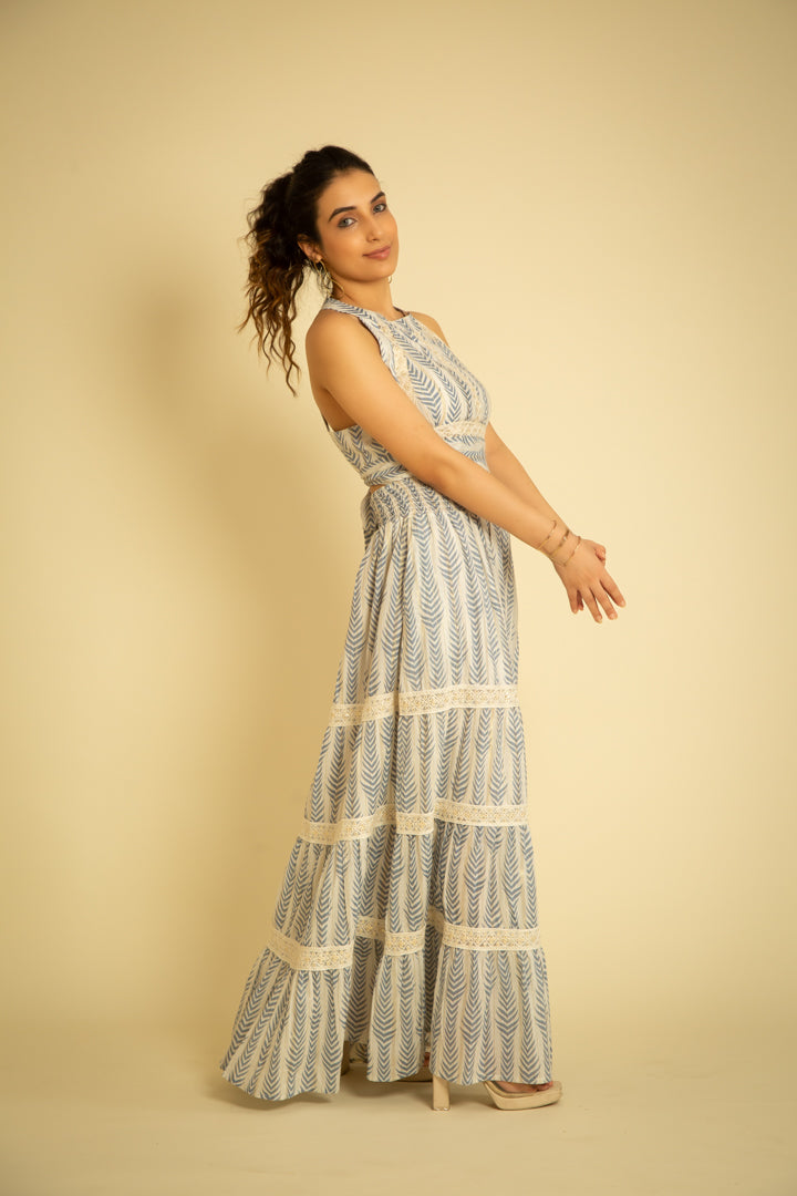 The Mykonos Halter Back Tie Up Maxi — Blue
