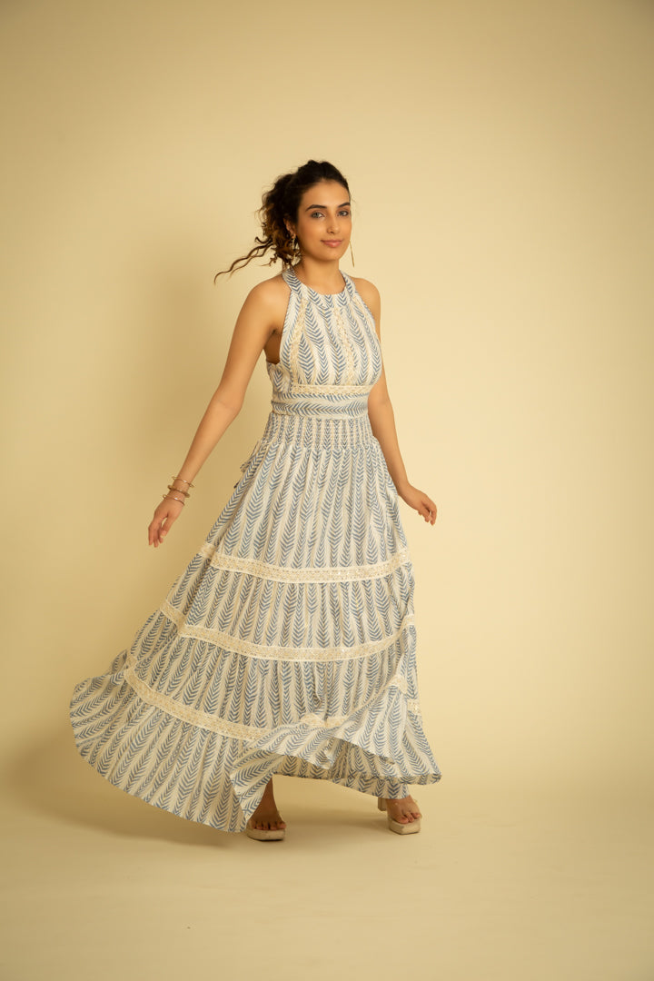 The Mykonos Halter Back Tie Up Maxi — Blue
