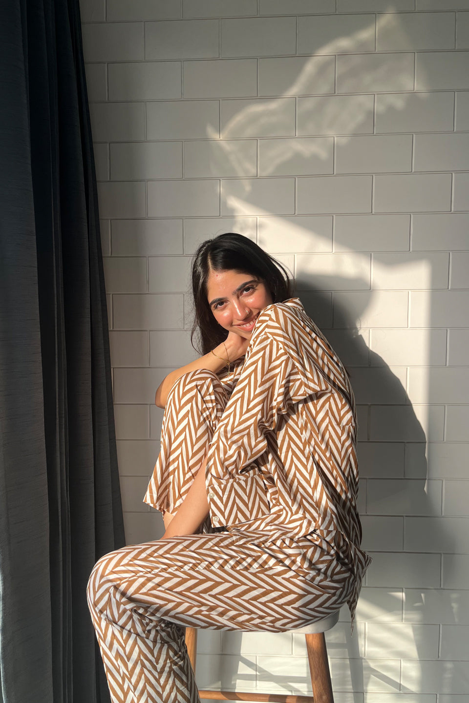 Brown Chevron Cotton Co-ord Set (Set of Two) by Kapraaha - view 5