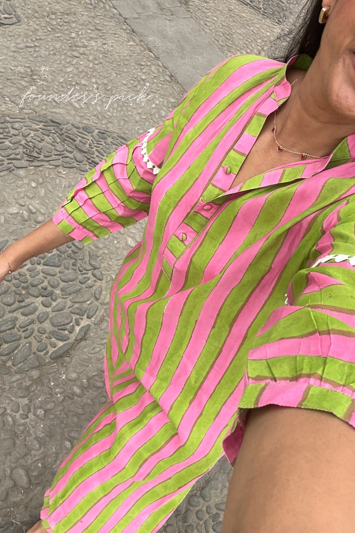 Light Green and Pink Striped Tunic Set (Set of Two) by Kapraaha - view 4