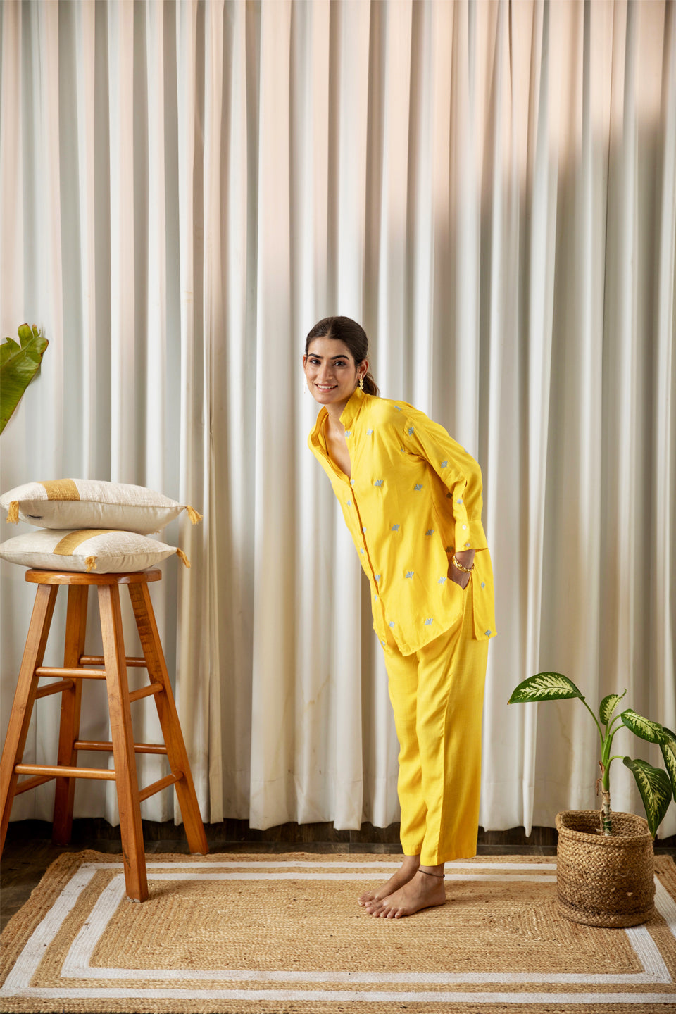 Yellow Embroidered Co-ord Set (Set of Two) by Kapraaha - view 6