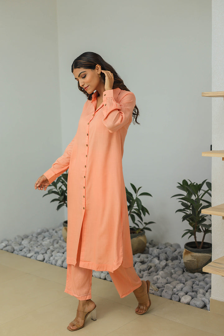 Peach Solid Cotton Co-ord Set (Set of Two) by Kapraaha - view 6