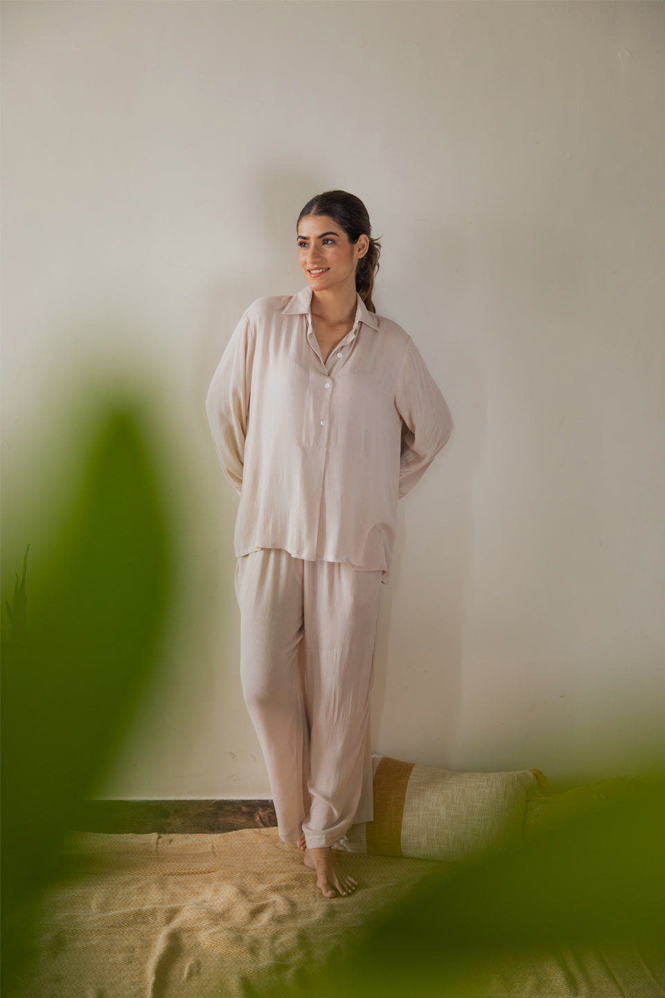 Beige Solid Co-ord Set (Set of Two) by Kapraaha - view 10