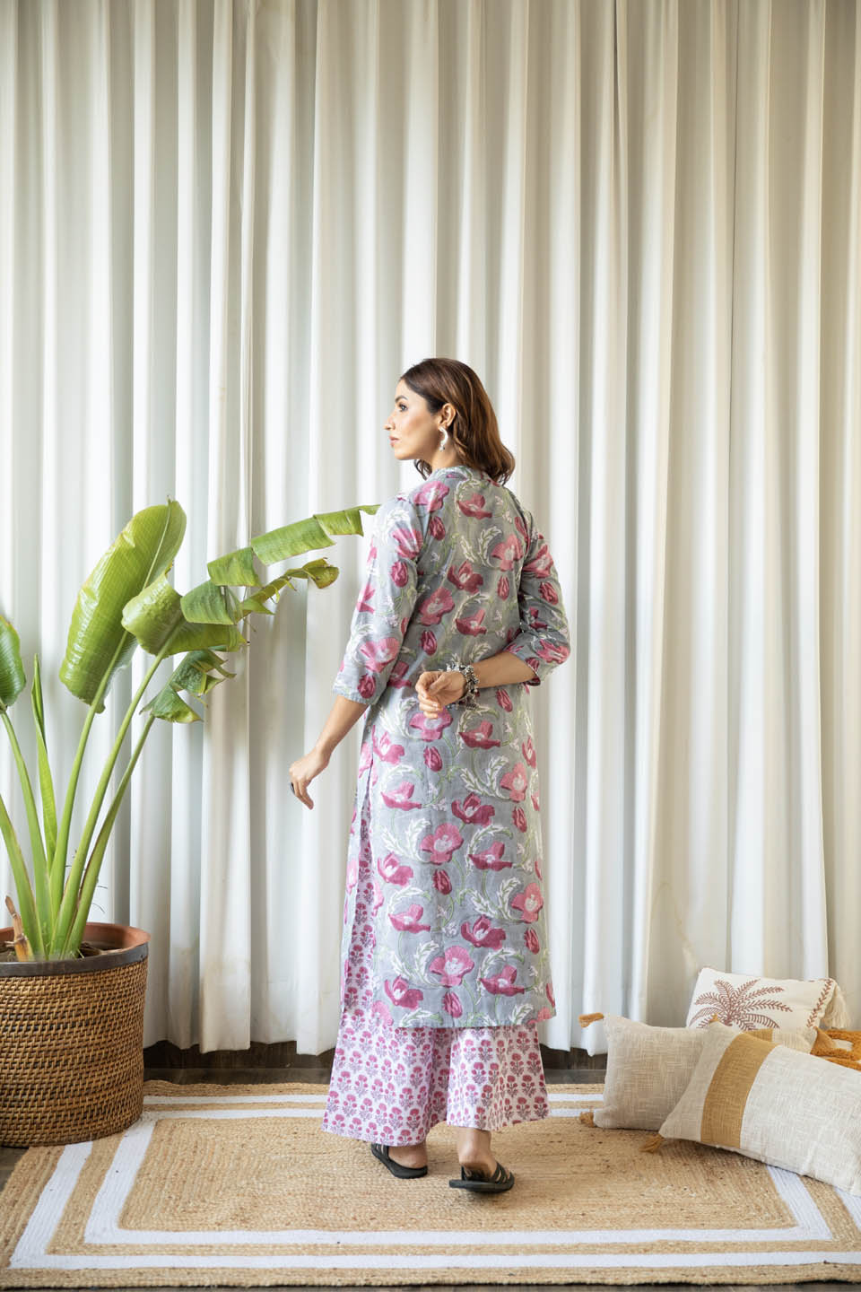 Grey and Fuchsia Floral Tunic Set (Set of Two) by Kapraaha - view 4