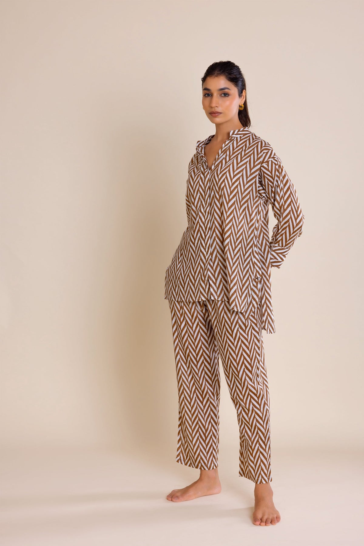 Brown Chevron Cotton Co-ord Set (Set of Two) by Kapraaha - view 9