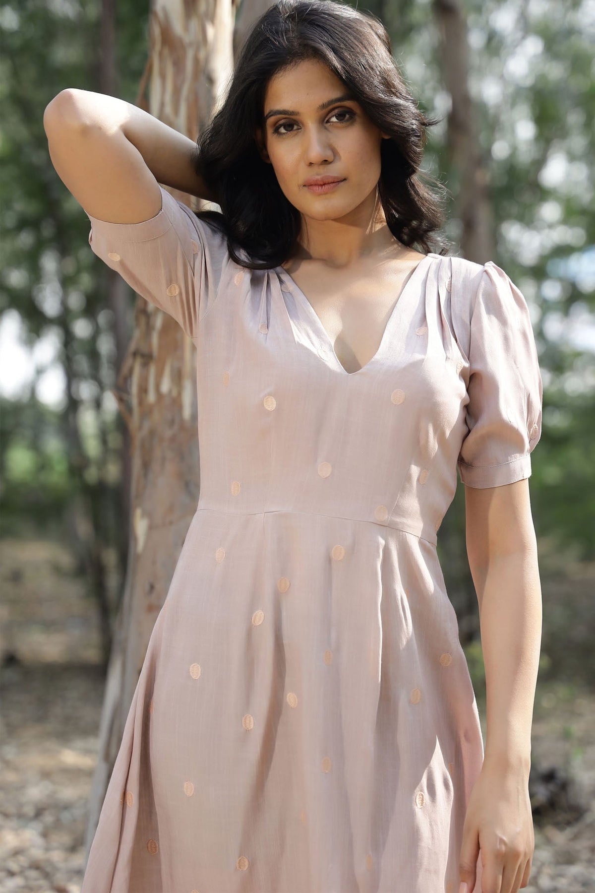 Beige Polka Dot Dress by Kapraaha - view 3