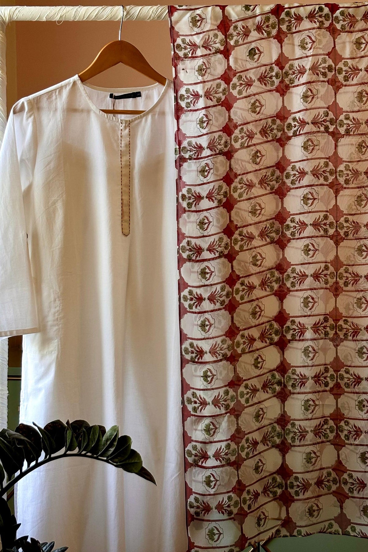 White Suit Set With Organza Printed Dupatta (Set Of Three) by Kapraaha - view 5