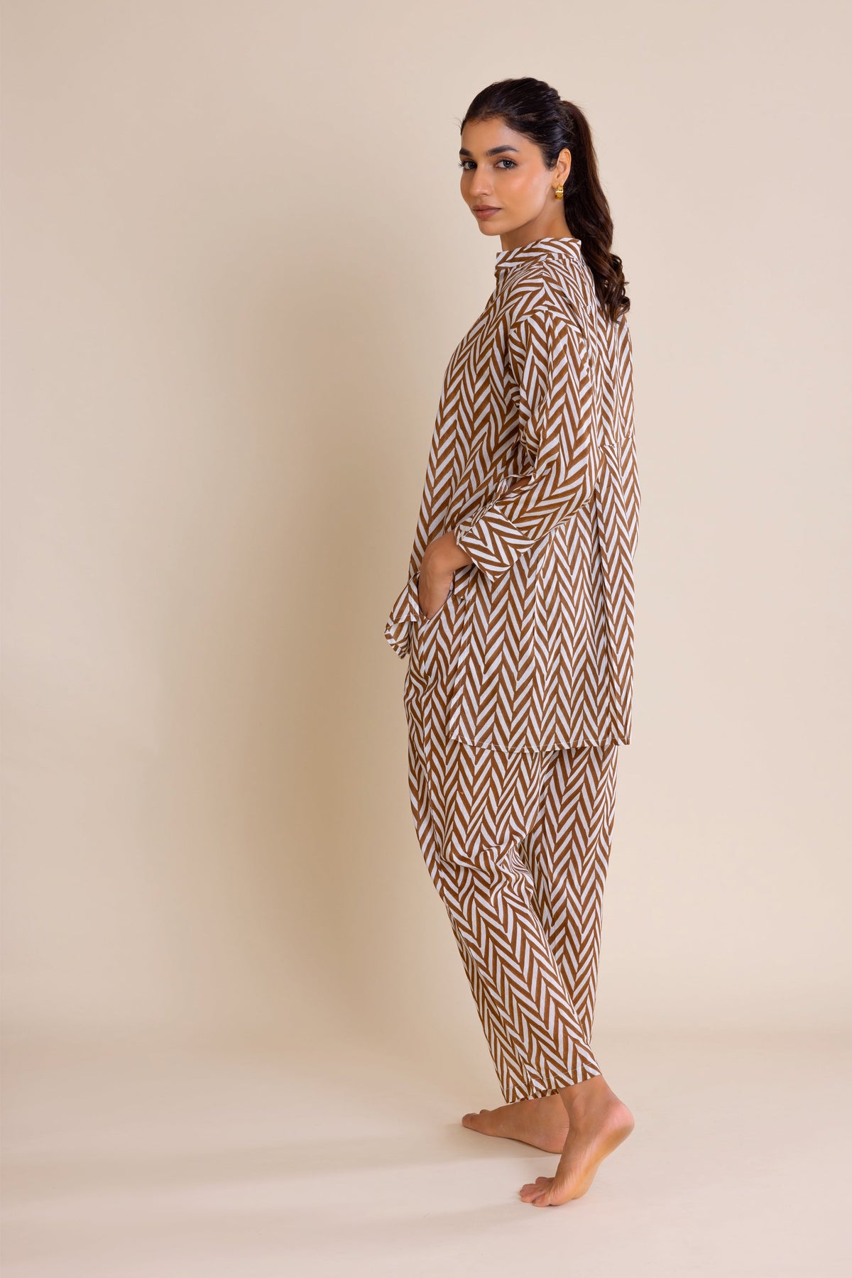 Brown Chevron Cotton Co-ord Set (Set of Two) by Kapraaha - view 10