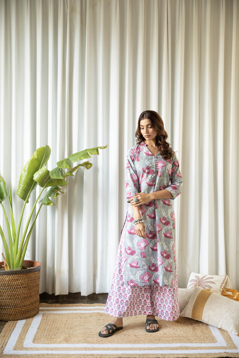 Grey and Fuchsia Floral Tunic Set (Set of Two) by Kapraaha - view 3