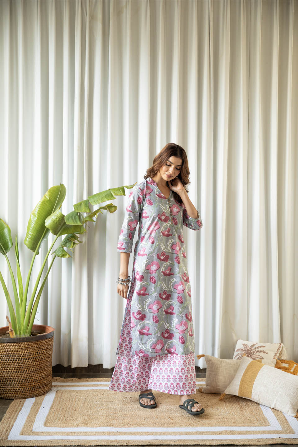 Grey and Fuchsia Floral Tunic Set (Set of 2)