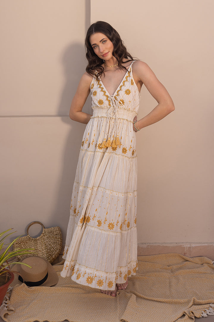 Noura Embroidered White Boho Strapy Maxi — Off White