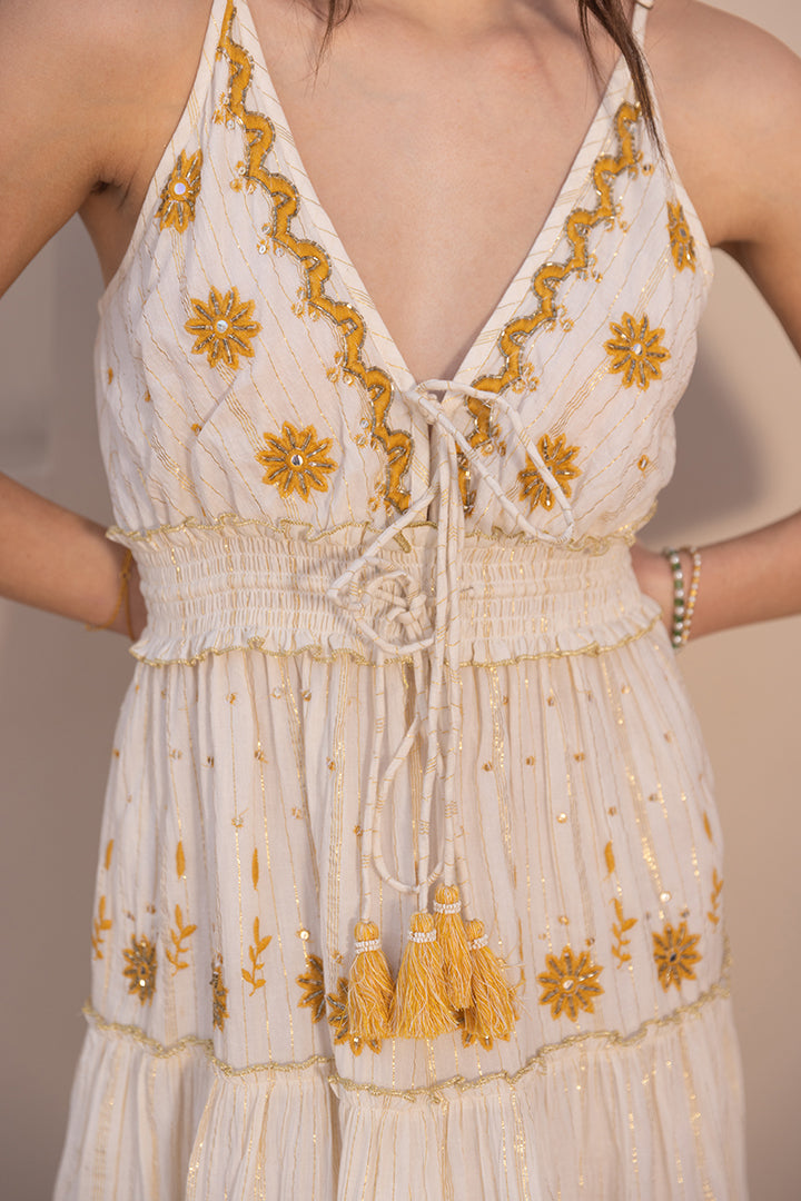 Noura Embroidered White Boho Strapy Maxi — Off White