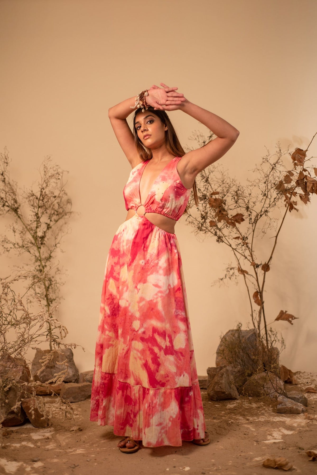 Tie-Dye Ring Tiered Maxi Dress — Beige