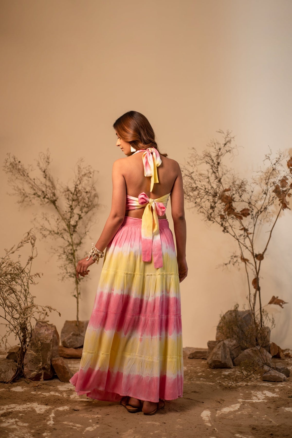 Tie-Dye Halter Neck Top And Skirt Co-Ord Set (Set of 2) — Yellow