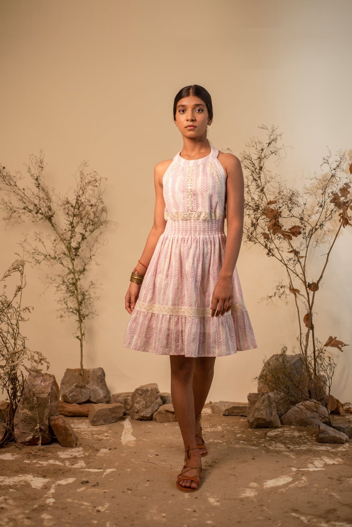 Pink Halter Back Tie Up Dress