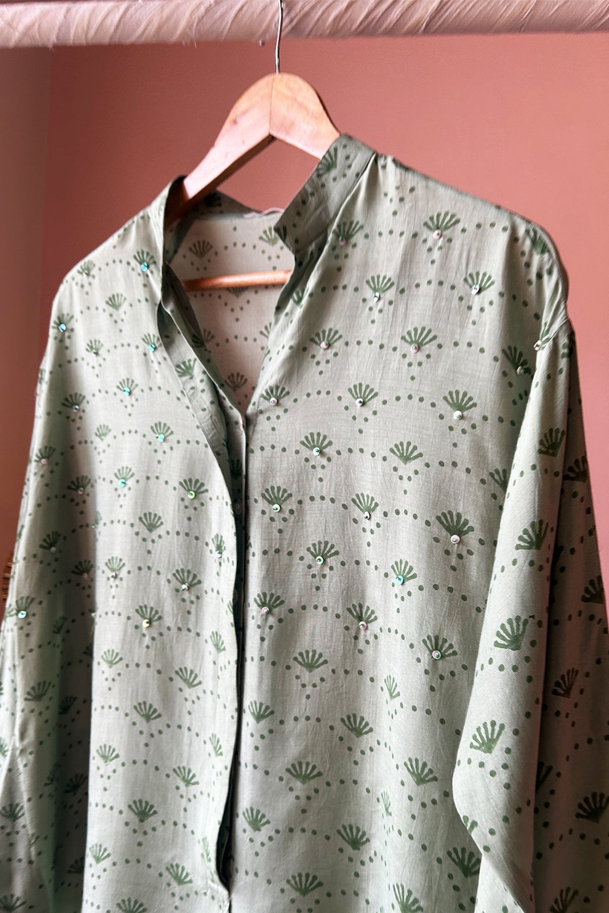 Soft Green Hand-Printed Muslin Shirt by Kapraaha - view 4