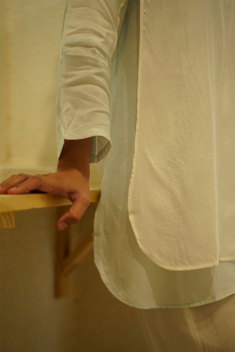 Ivory and Sky Blue Muslin Kurta Set by Kapraaha - view 5