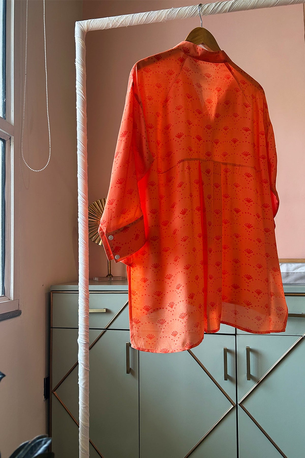 Light Orange Hand-Printed Muslin Shirt by Kapraaha - view 5
