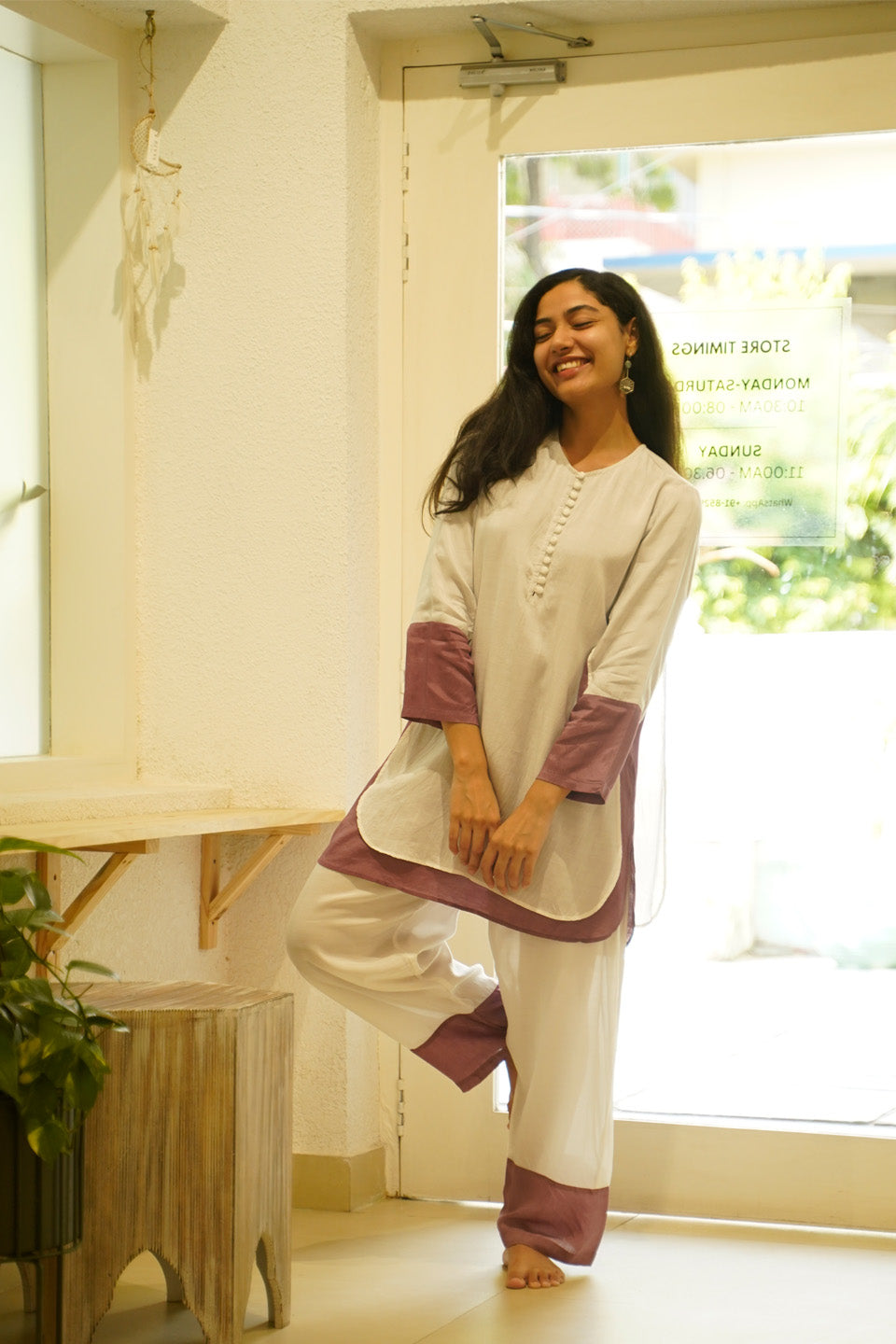 Ivory and Purple Muslin Kurta Set by Kapraaha - view 6