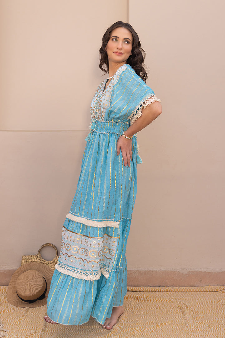 Zoya Laced Boho Blue Kaftan-Style Resort Maxi by Label Reyya - view 5